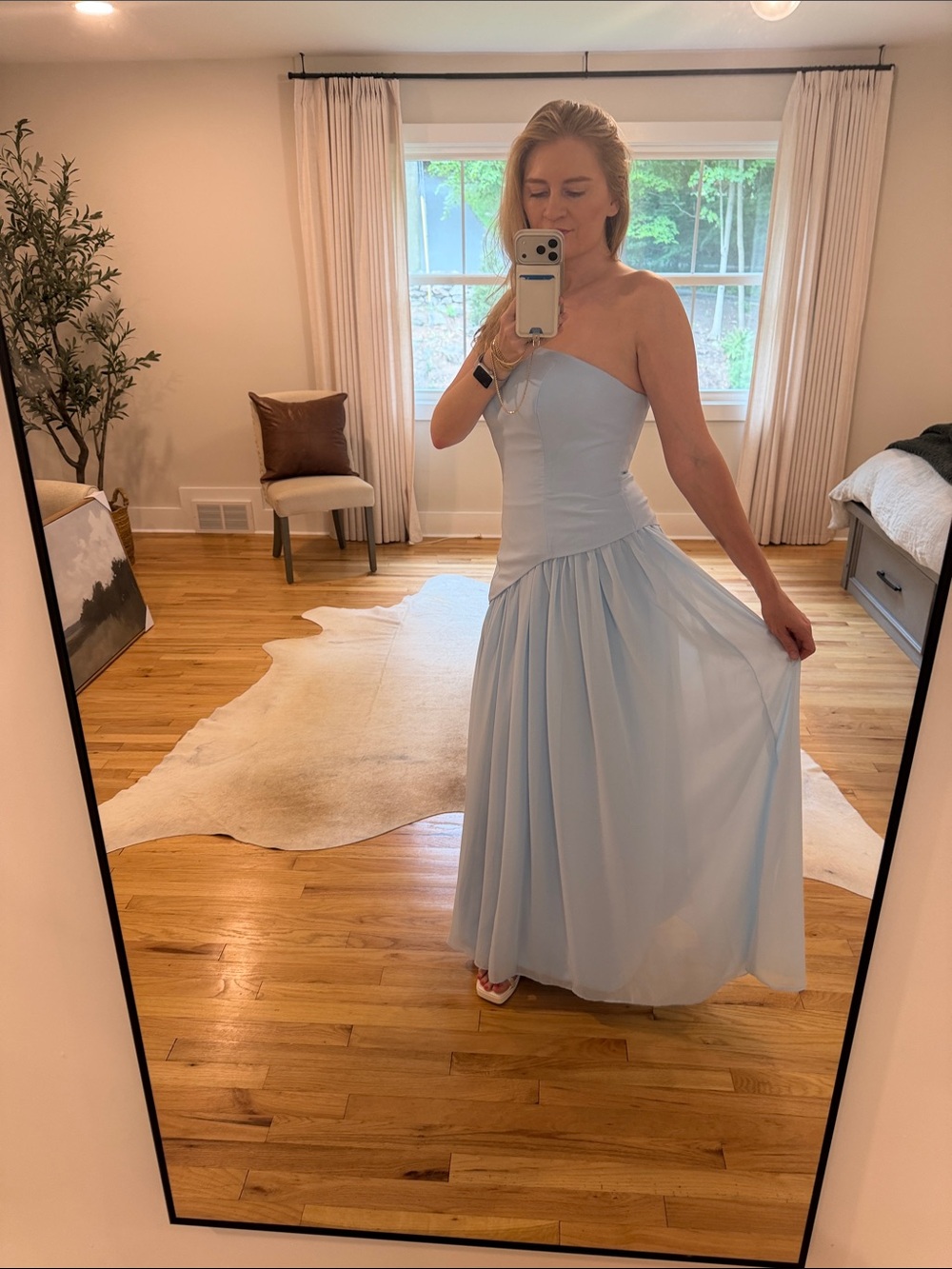 Strapless Light Blue Evening Gown with Side Slit